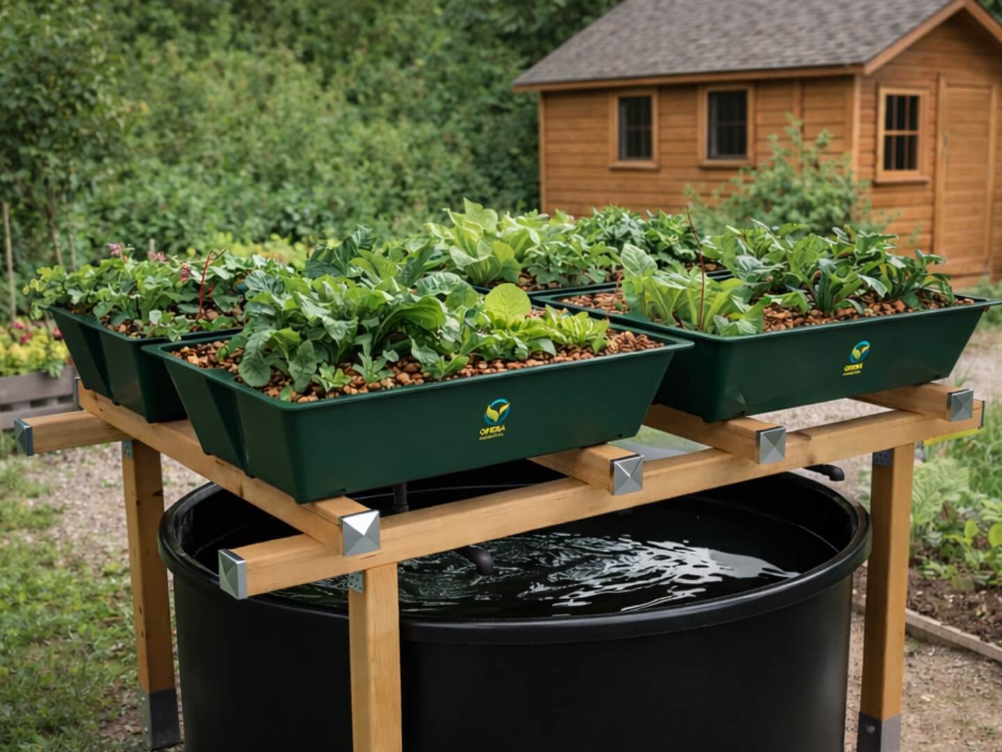 Aquaponikanlage mit 4 Grow Beds von OFERA im Garten