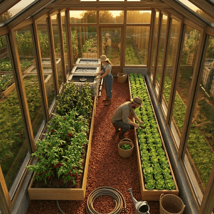 3-IBC DIY Aquaponikanlage im Glashaus bei Abendsonne