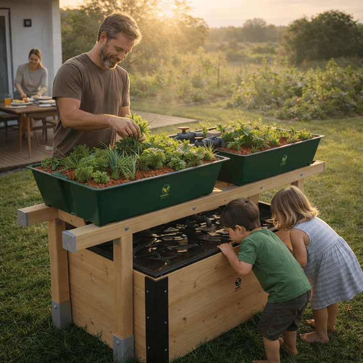 Aquaponikanlage von OFERA im Garten beim Ernten von Gemüse
