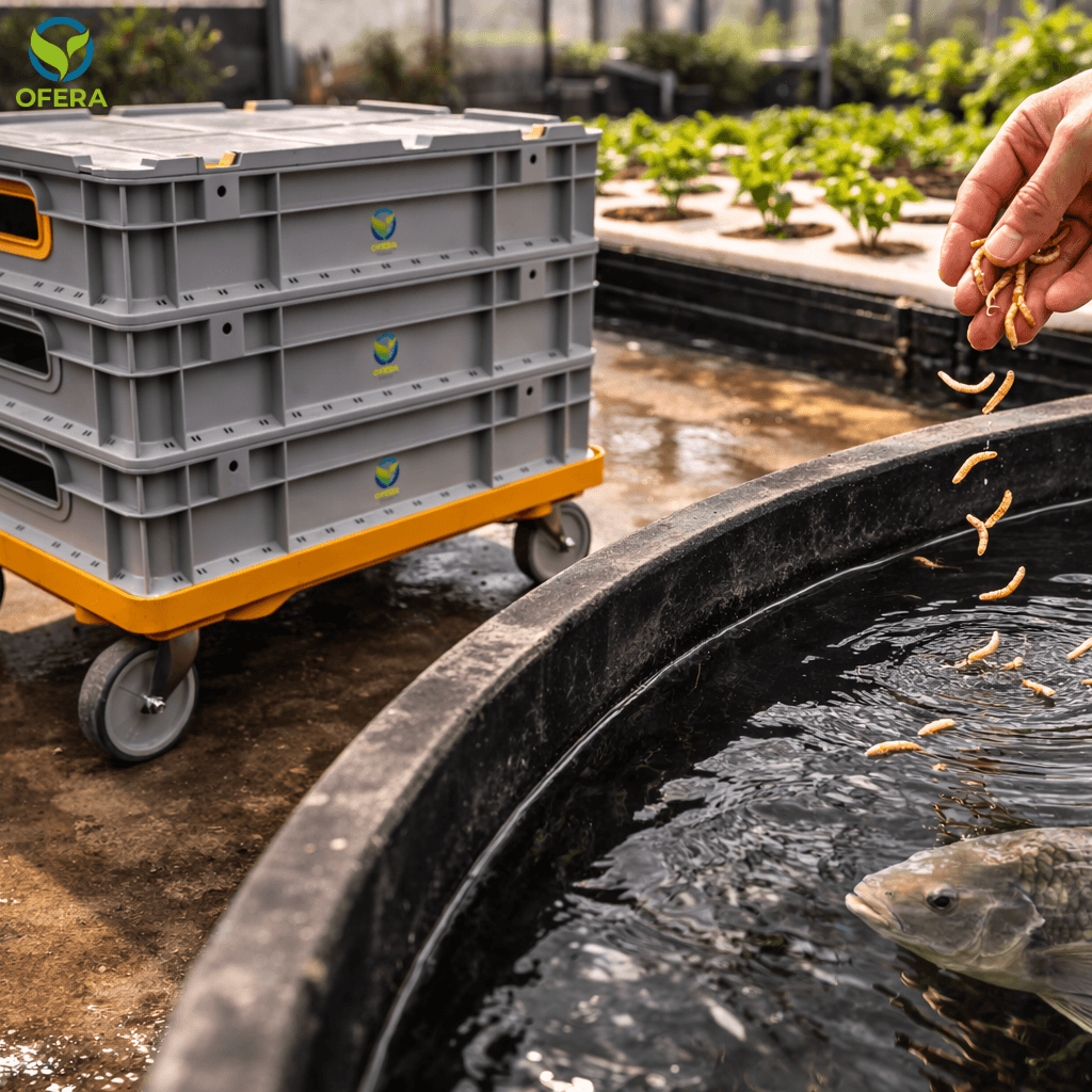 OFERA Mehlwurm Farm, Aquaponik Fische bekommen frische Mehlwürmer aus der Zuchtbox