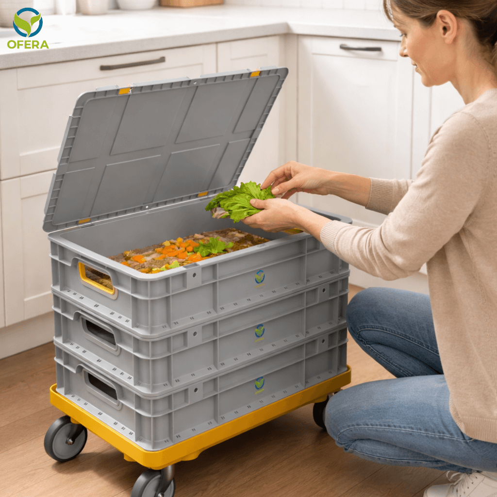 OFERA Mehlwurm Farm, Frau füttert Küchenabfälle an die Mehlwürmer