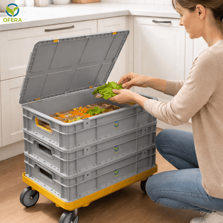 OFERA Mehlwurm Farm, Frau füttert Küchenabfälle an die Mehlwürmer